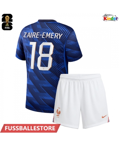 Günstige Frankreich Warren Zaire-Emery #18 Heimtrikotsatz Kinder WM 2026 Kurzarm (+ Kurze Hosen)